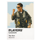 Top Gun Maverick in flight jacket and aviator sunglasses beside an F-14 on the carrier deck Icon Frame artwork on white