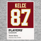 Travis Kelce 87 Jersey Frame Men's T-Shirt – grey close-up detail shot of the Travis Kelce 87 Players Couture logo design