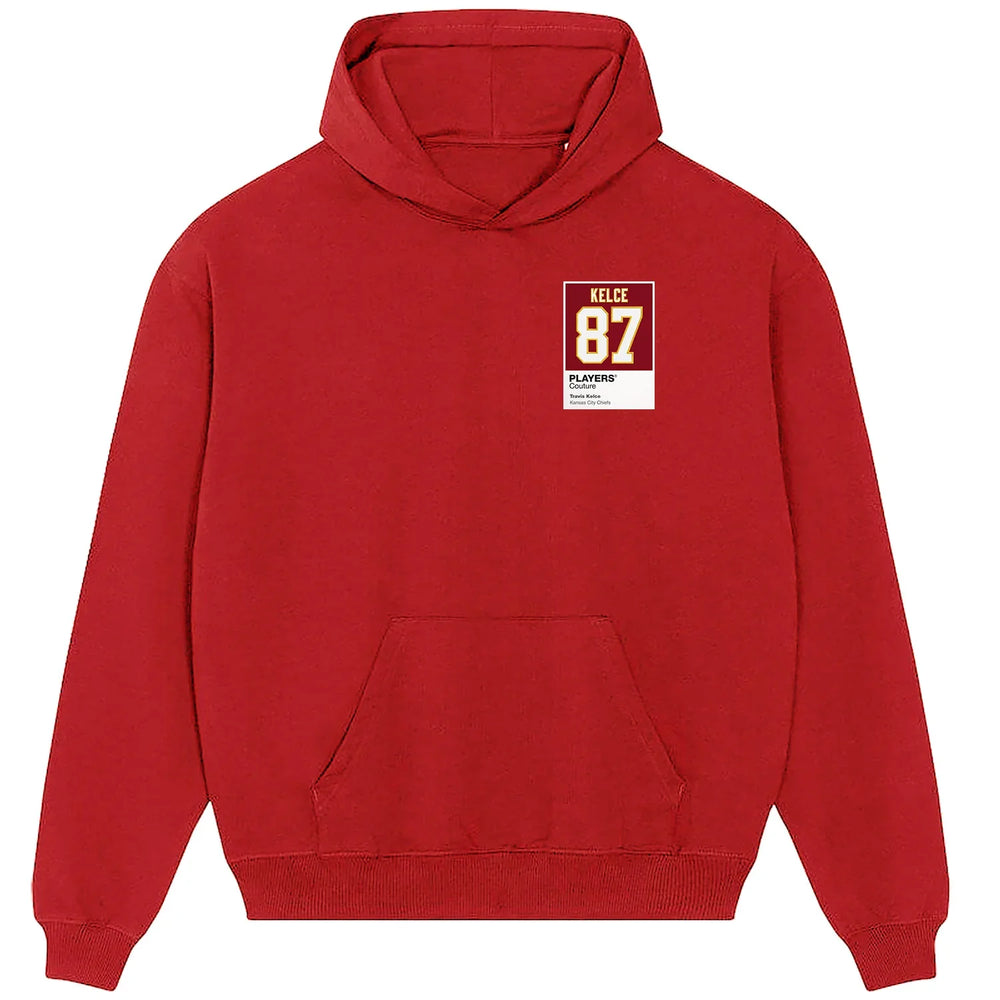 Travis Kelce 87 hoodie – red men's hoodie featuring the Travis Kelce 87 Players Couture logo