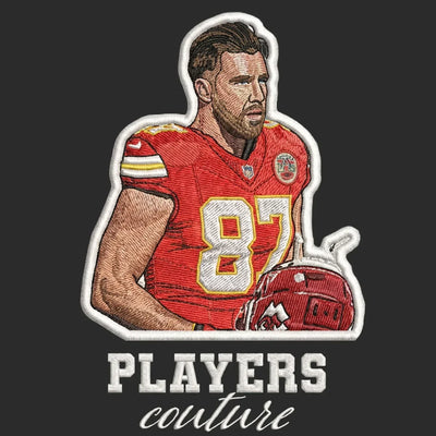 Travis Kelce Badge Men's Hoodie – black close-up detail shot of the Travis Kelce Players Couture logo design