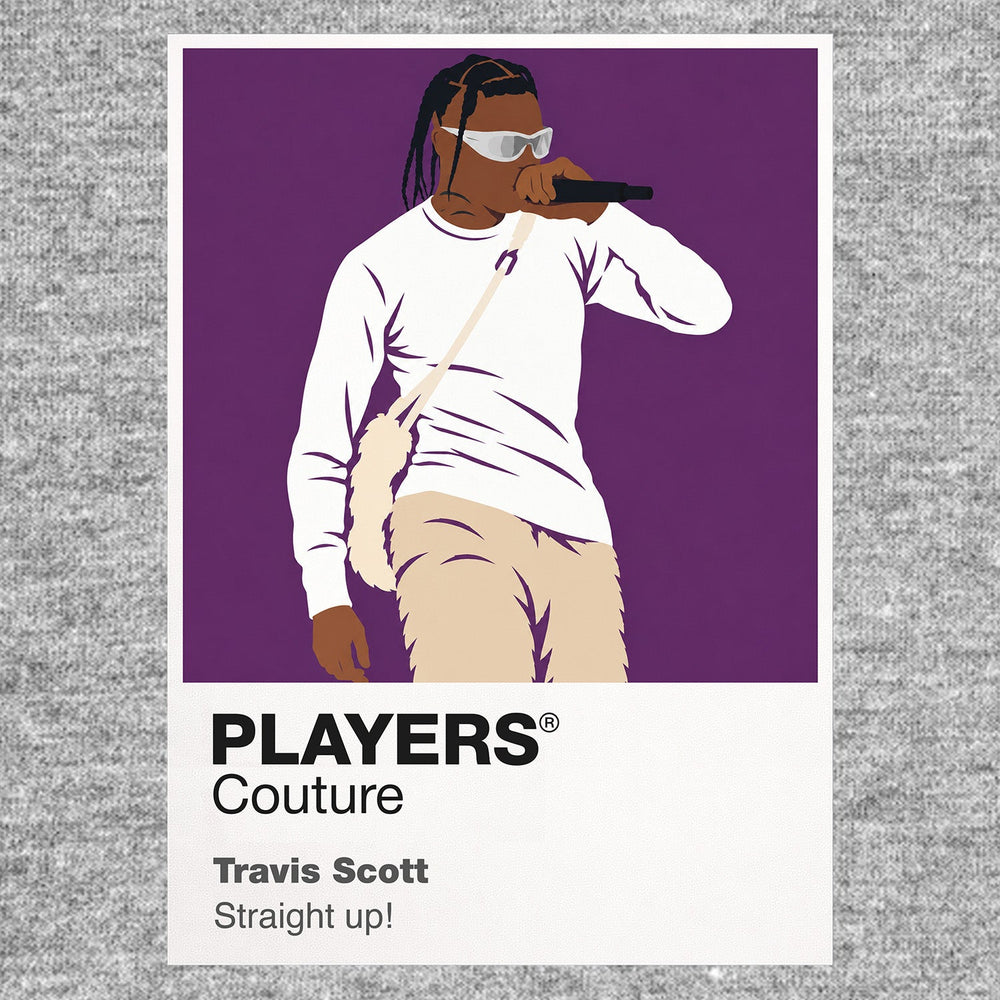 Travis Scott Travis Scott's braids, layered streetwear and high-energy Astroworld-to-Utopia performance identity Icon Frame artwork in grey