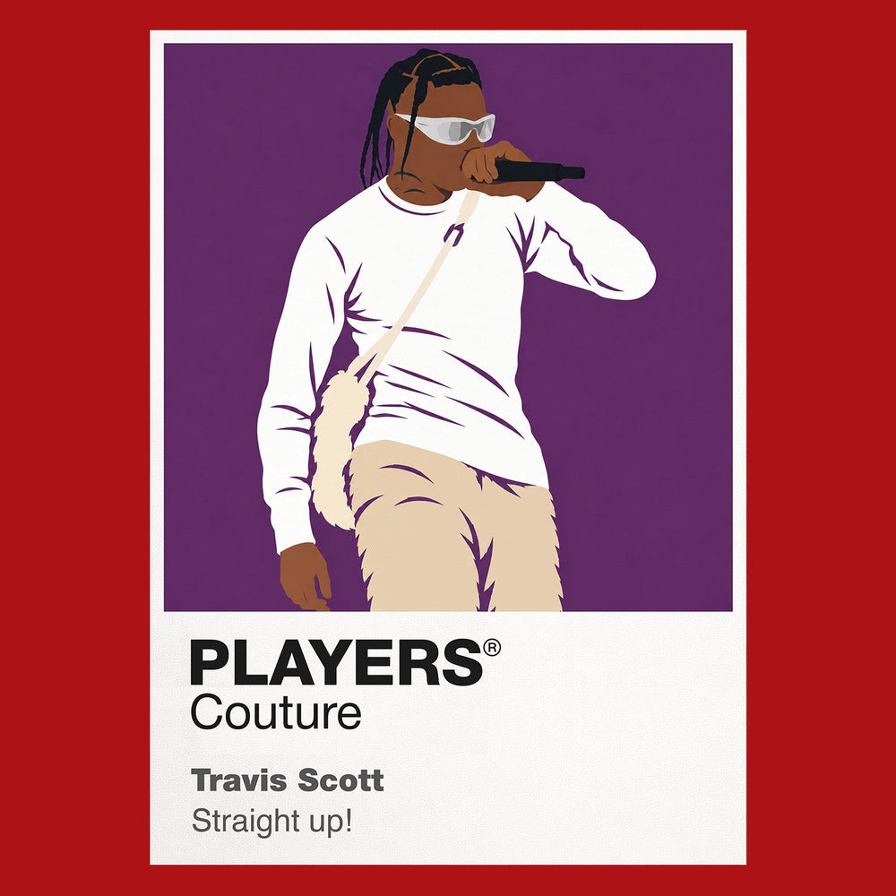 Travis Scott Travis Scott's braids, layered streetwear and high-energy Astroworld-to-Utopia performance identity Icon Frame artwork in red