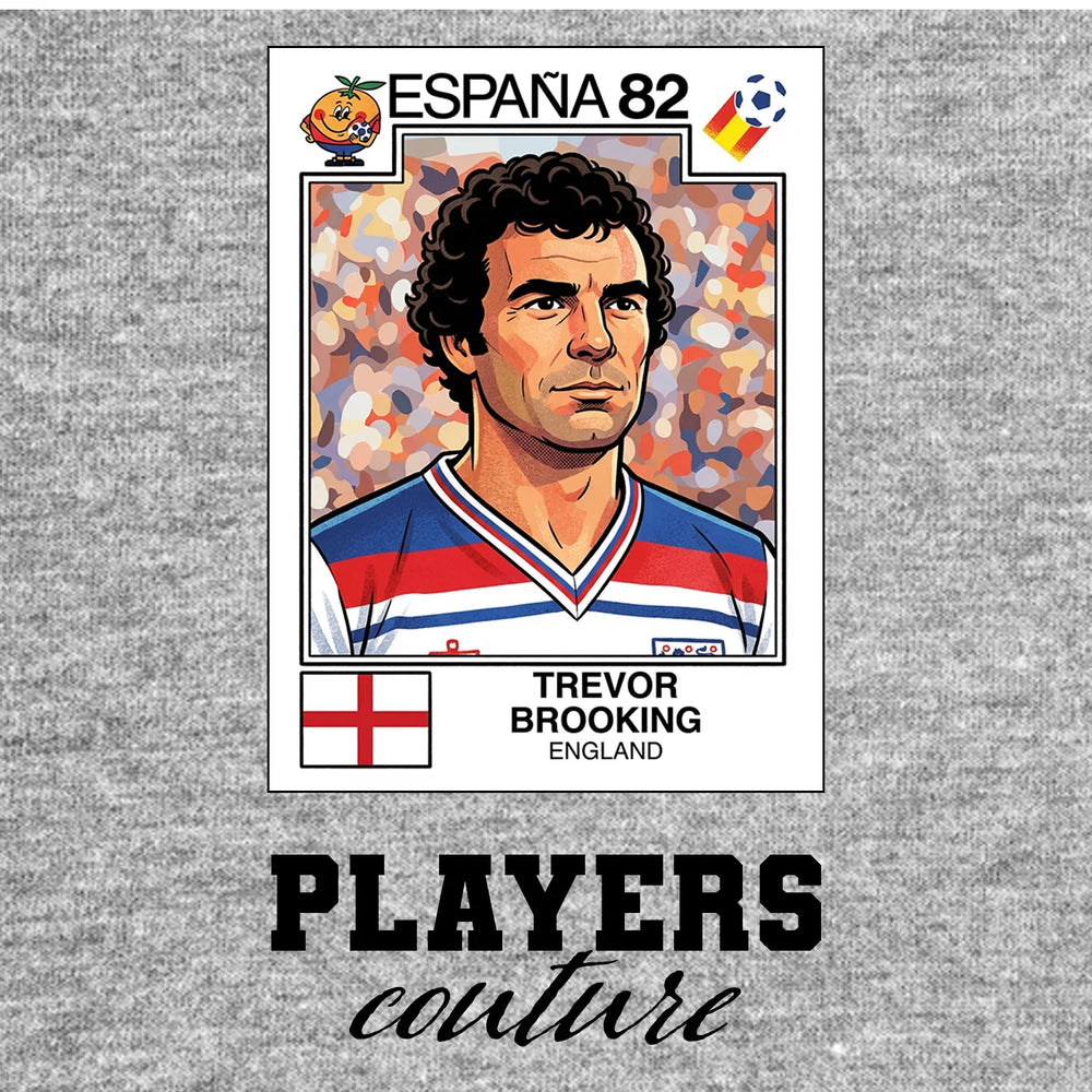 Trevor Brooking World Cup Sticker Men's T-Shirt – grey close-up detail shot of the Trevor Brooking World Cup Players Couture