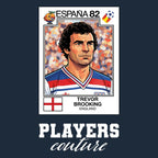 Trevor Brooking World Cup Sticker Men's T-Shirt – navy close-up detail shot of the Trevor Brooking World Cup Players Couture