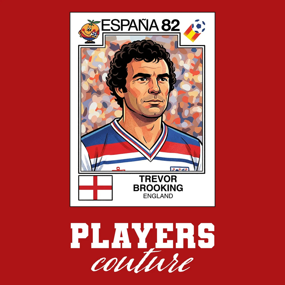 Trevor Brooking World Cup Sticker Men's T-Shirt – red close-up detail shot of the Trevor Brooking World Cup Players Couture