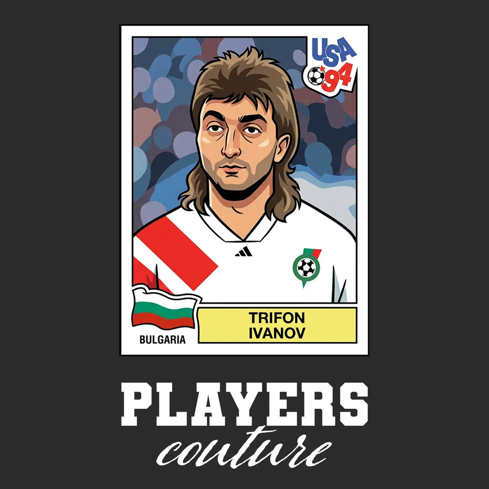 Trifon Ivanov World Cup Sticker Men's T-Shirt – black close-up detail shot of the Trifon Ivanov World Cup Players Couture