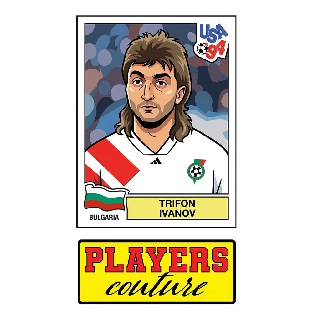 Trifon Ivanov World Cup Sticker Men's T-Shirt – close-up detail shot of the Trifon Ivanov World Cup Players Couture logo
