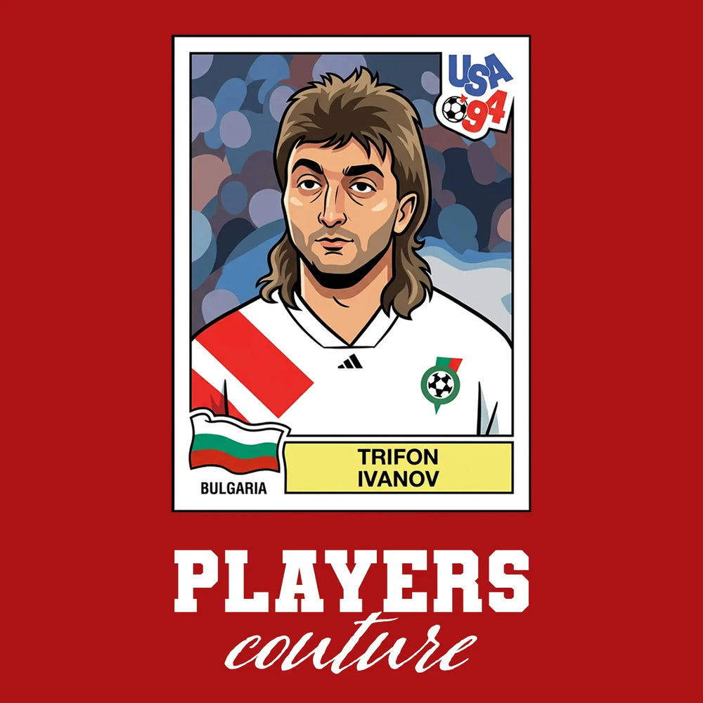 Trifon Ivanov World Cup Sticker Men's T-Shirt – red close-up detail shot of the Trifon Ivanov World Cup Players Couture logo