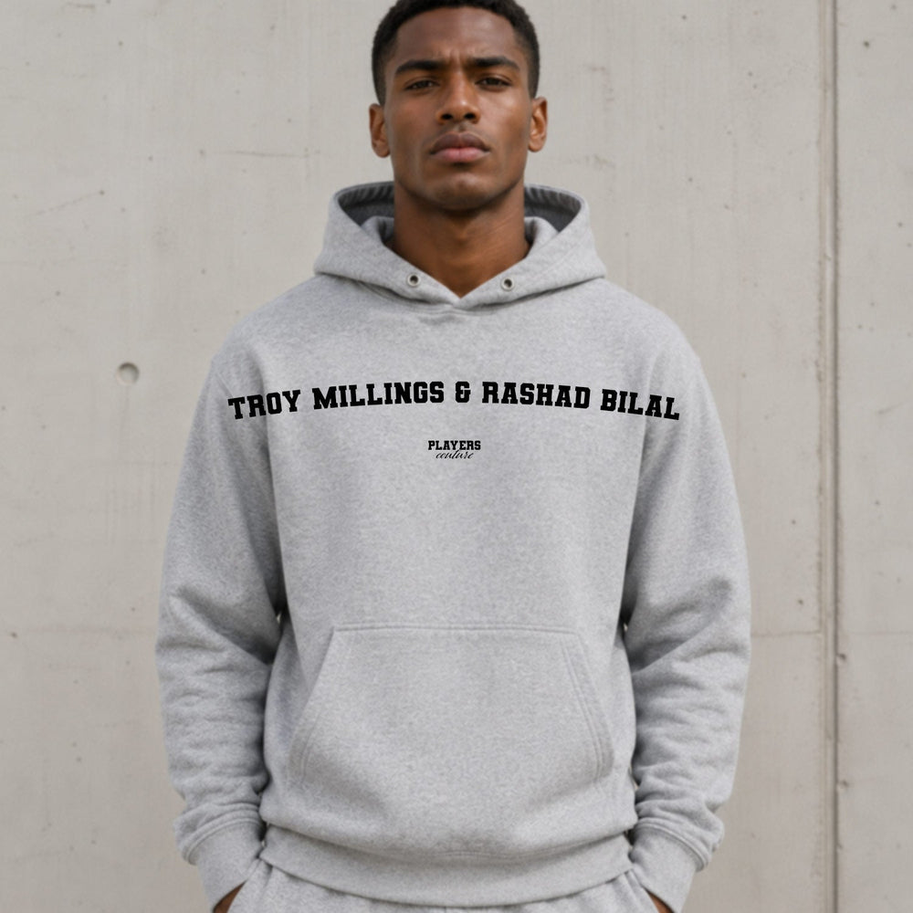 Troy Millings & Rashad Bilal name-print hoodie - grey