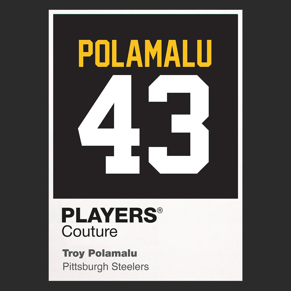 Troy Polamalu 43 Jersey Frame Men's T-Shirt – black close-up detail shot of the Troy Polamalu 43 Players Couture logo design
