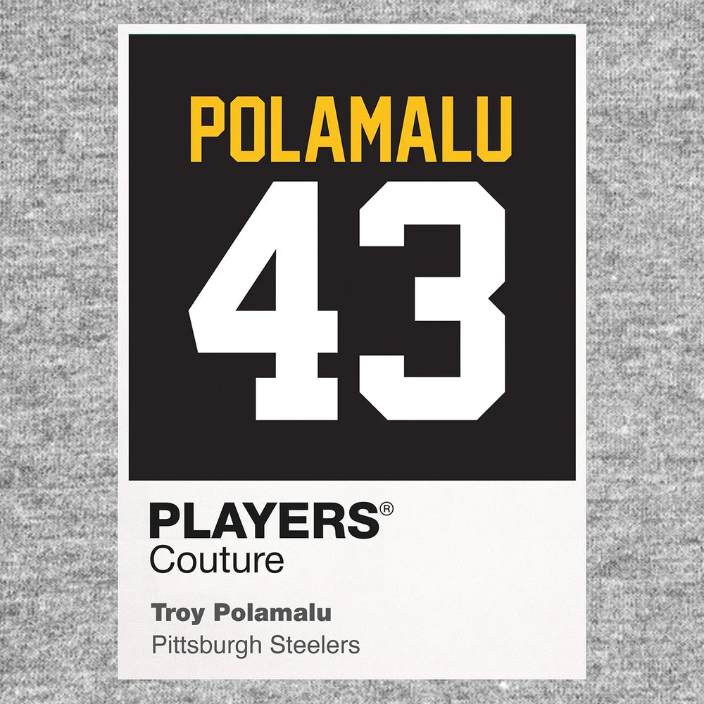 Troy Polamalu 43 Jersey Frame Men's T-Shirt – grey close-up detail shot of the Troy Polamalu 43 Players Couture logo design