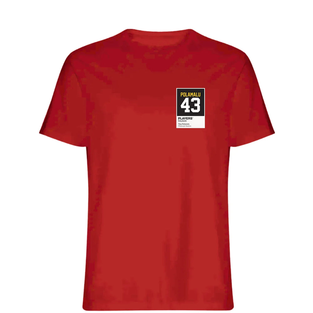 Troy Polamalu 43 t-shirt – red men's t-shirt featuring the Troy Polamalu 43 Players Couture logo