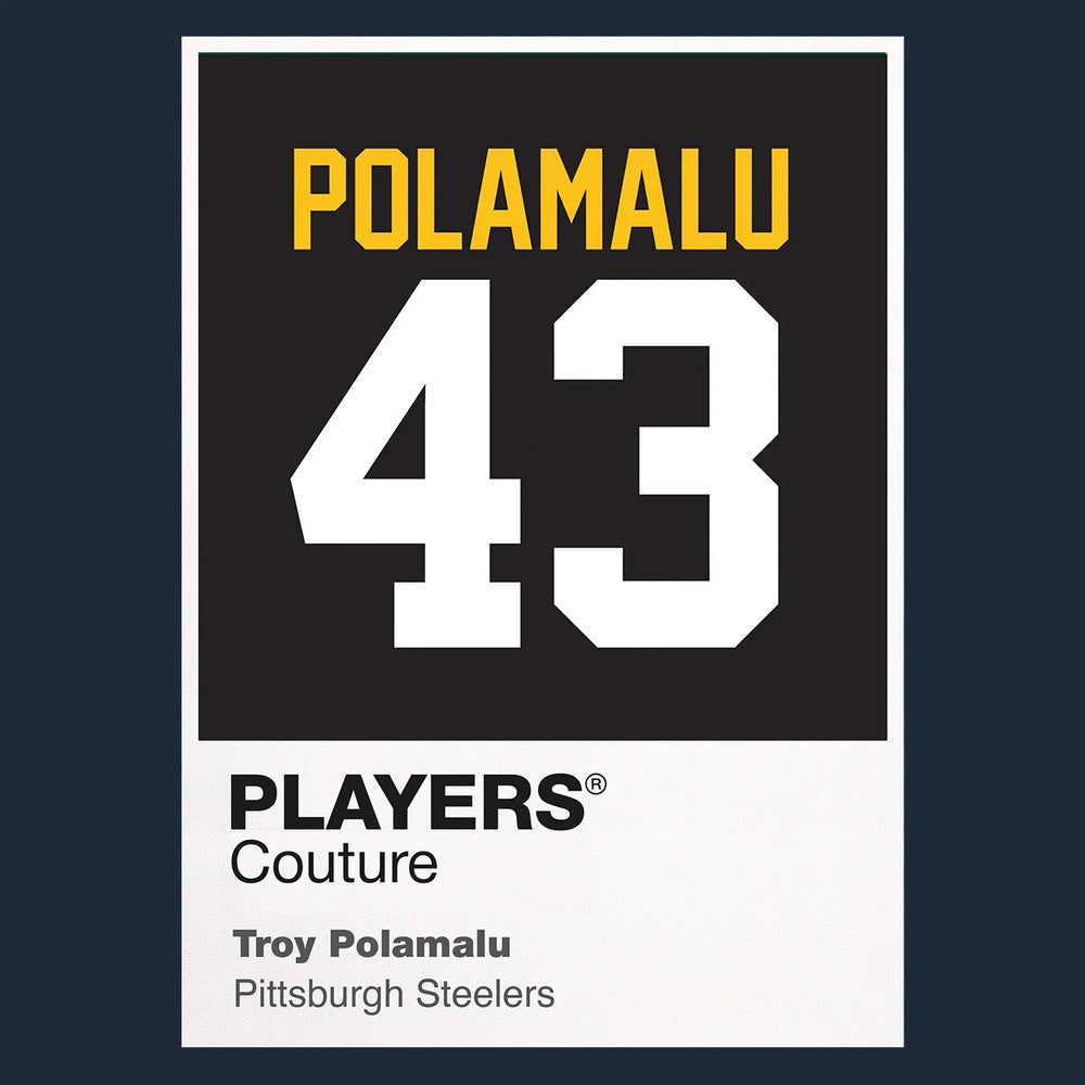 Troy Polamalu 43 Jersey Frame Men's T-Shirt – navy close-up detail shot of the Troy Polamalu 43 Players Couture logo design