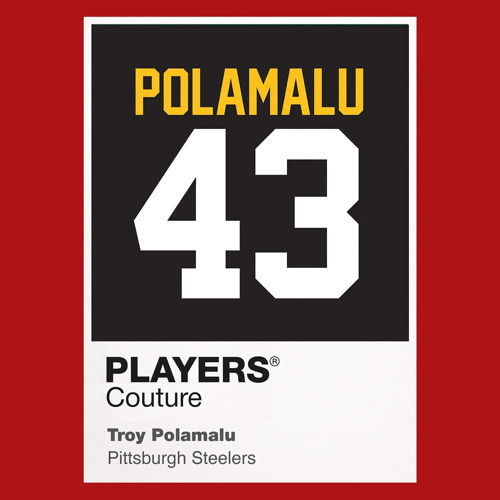 Troy Polamalu 43 Jersey Frame Men's T-Shirt – red close-up detail shot of the Troy Polamalu 43 Players Couture logo design
