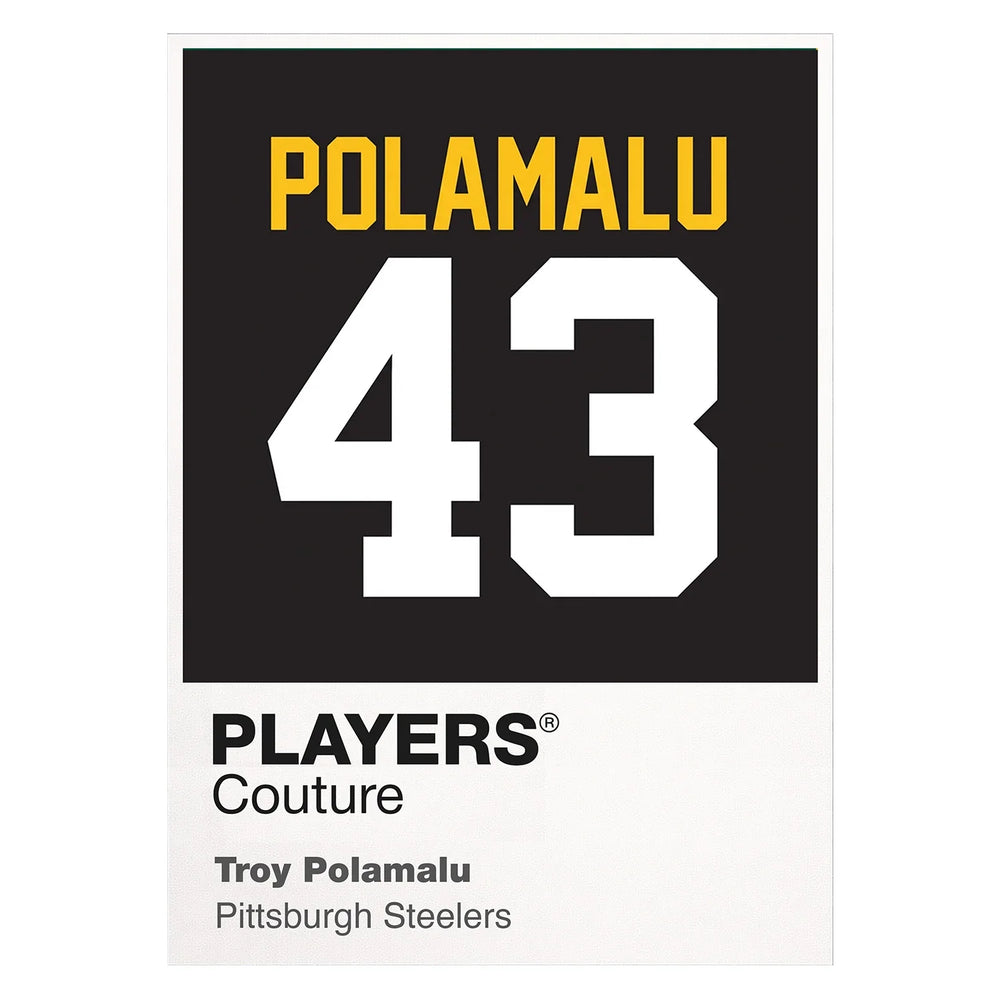 Troy Polamalu 43 Jersey Frame Men's T-Shirt – white close-up detail shot of the Troy Polamalu Players Couture logo design