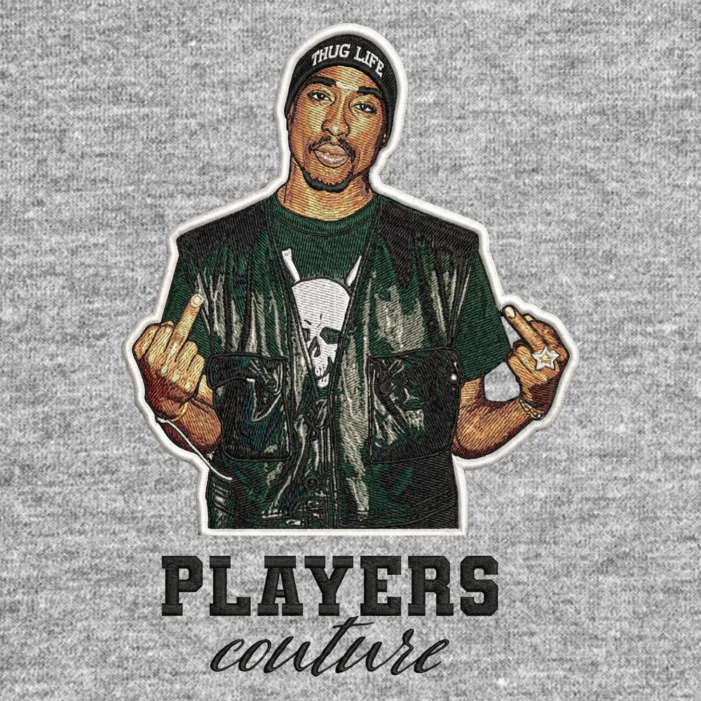 Tupac Shakur 2Pac Badge Men's Hoodie – black close-up detail shot of the Tupac Shakur 2Pac Players Couture logo design