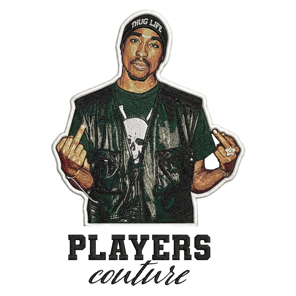 Tupac Shakur 2Pac Badge Men's Hoodie – black close-up detail shot of the Tupac Shakur 2Pac Players Couture logo design