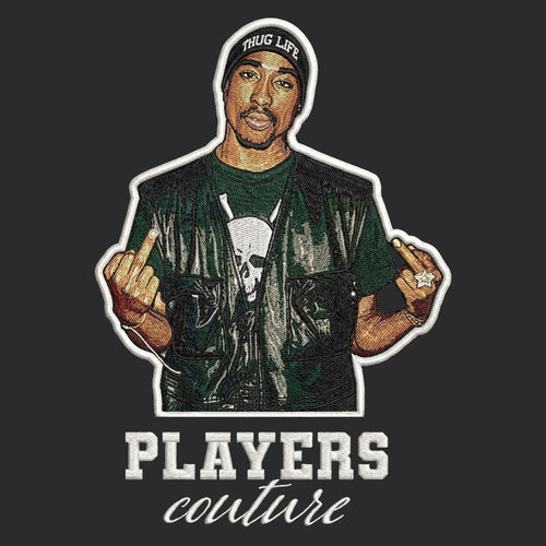 Tupac Shakur 2Pac Badge Men's Hoodie – white close-up detail shot of the Tupac Shakur Players Couture logo design