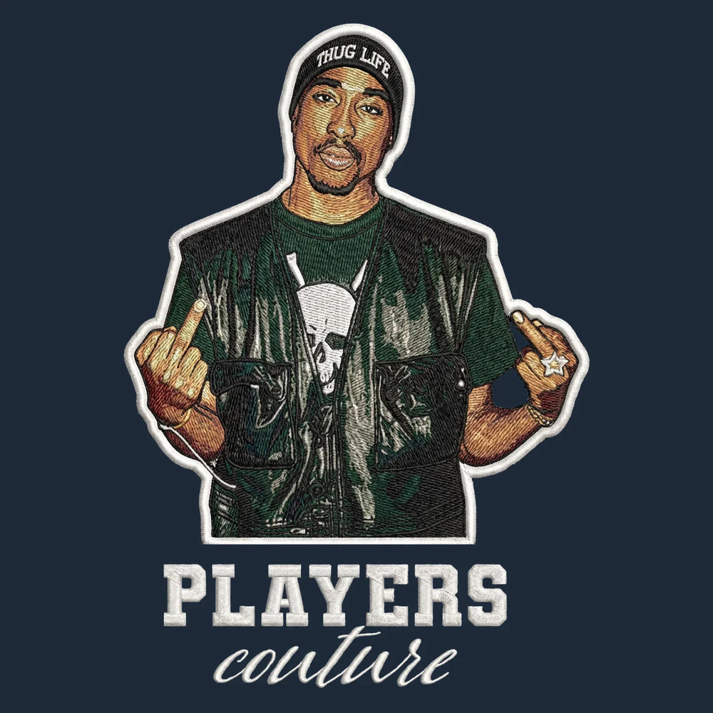 Tupac Shakur 2Pac Badge Men's Hoodie – white close-up detail shot of the Tupac Shakur 2Pac Players Couture logo design