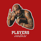 Tupac Shakur Badge Men's Hoodie – white close-up detail shot of the Tupac Shakur Players Couture logo design