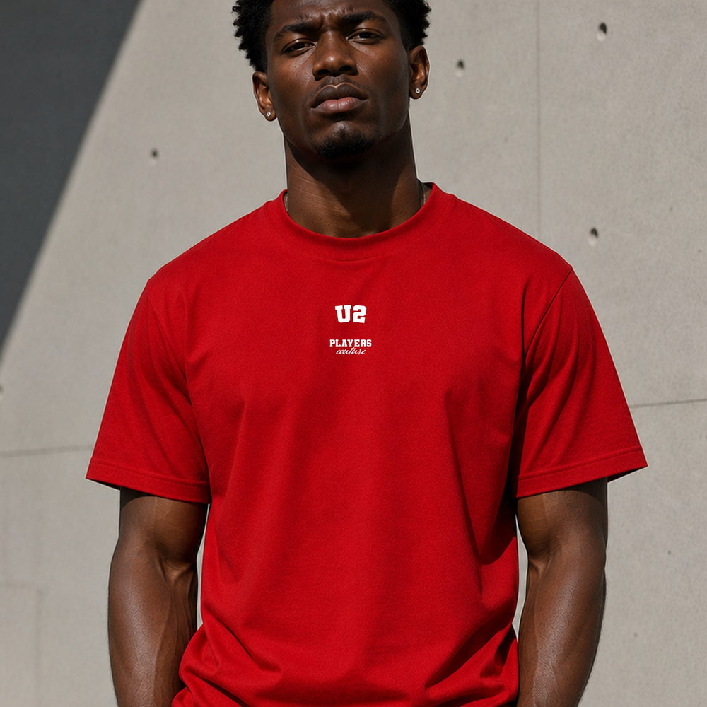 U2 Mens T-Shirt — lifestyle photo, Red t-shirt