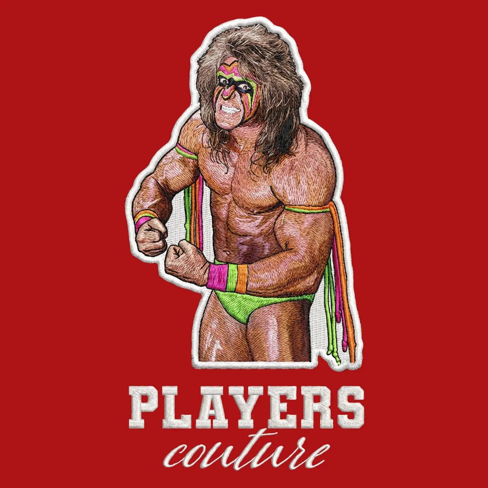 Ultimate Warrior Badge Men's Hoodie – white close-up detail shot of the Ultimate Warrior Players Couture logo design