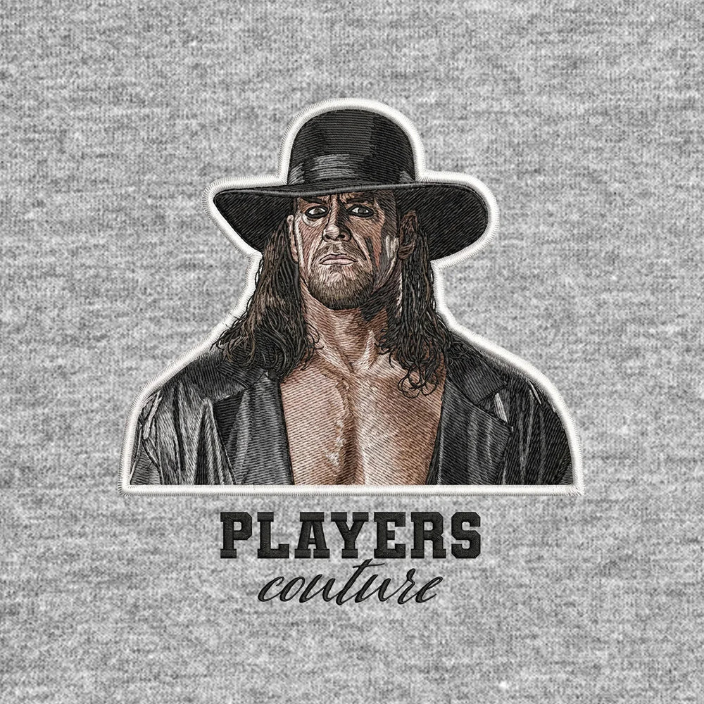 The Undertaker Badge Men's Hoodie – black close-up detail shot of the The Undertaker Players Couture logo design