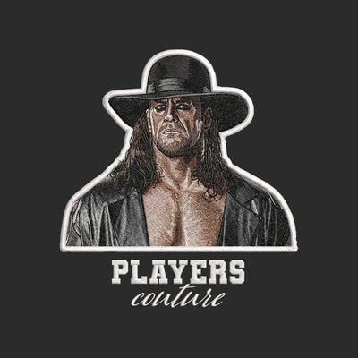 The Undertaker Badge Men's Hoodie – white close-up detail shot of the The Undertaker Players Couture logo design