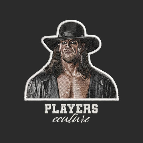The Undertaker Badge Men's Hoodie – white close-up detail shot of the The Undertaker Players Couture logo design