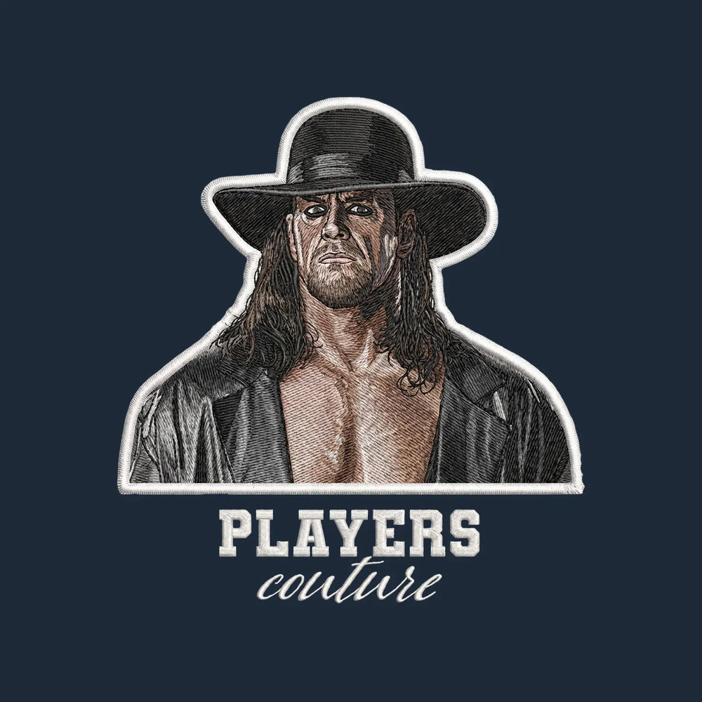 The Undertaker Badge Men's Hoodie – white close-up detail shot of the The Undertaker Players Couture logo design