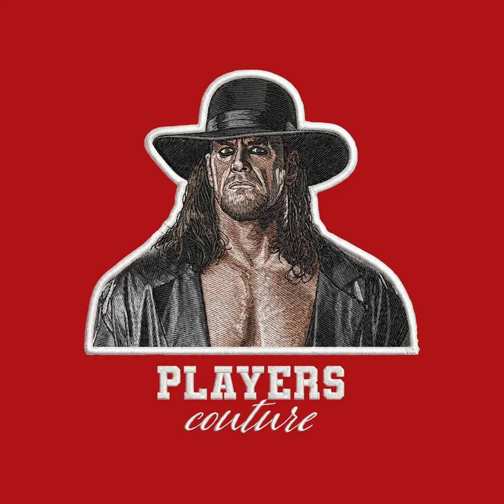 The Undertaker Badge Men's Hoodie – white close-up detail shot of the The Undertaker Players Couture logo design