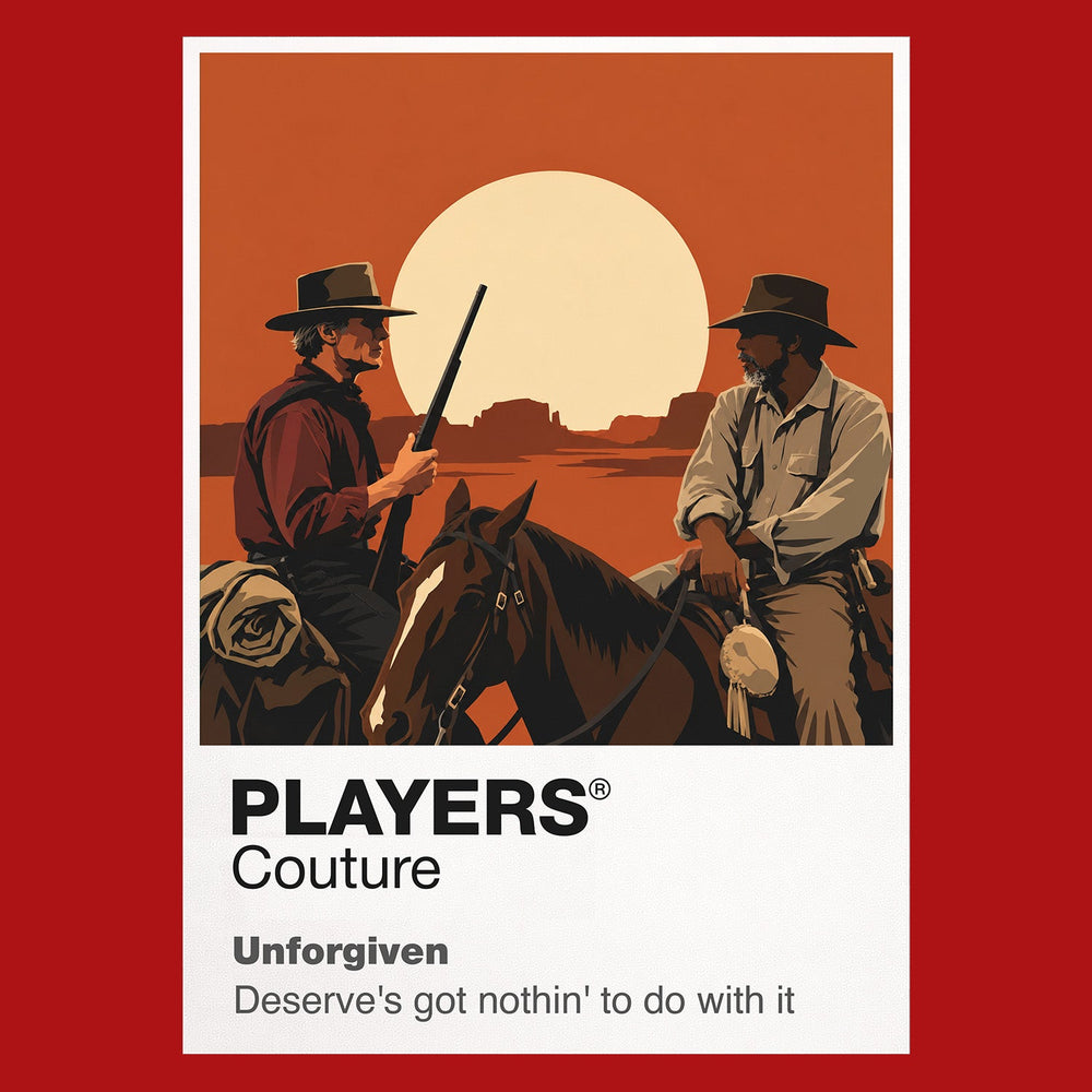 Unforgiven William Munny beneath a rain-darkened hat, carrying the weight of a violent past into Big Whiskey Icon Frame artwork in red