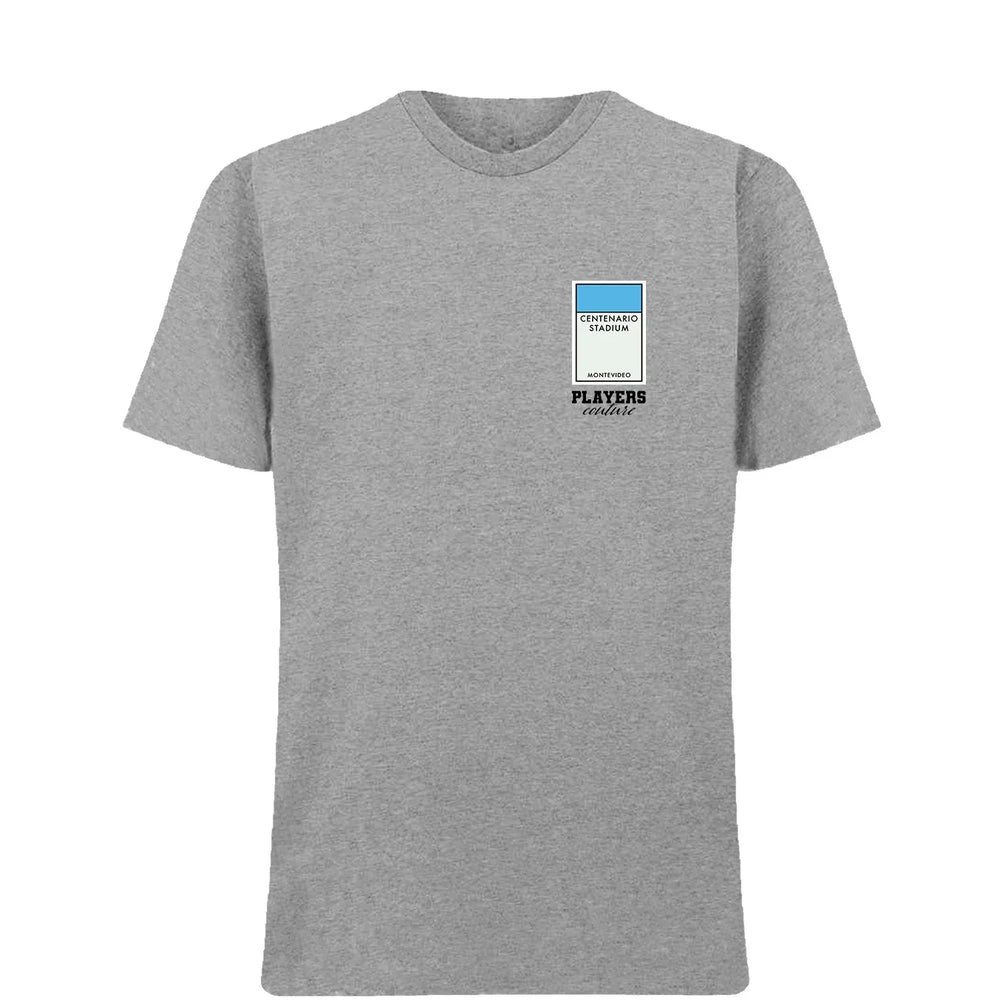 Uruguay Monopoly Card t-shirt – close-up of white Uruguay Monopoly Card lettering and Players Couture logo on the chest