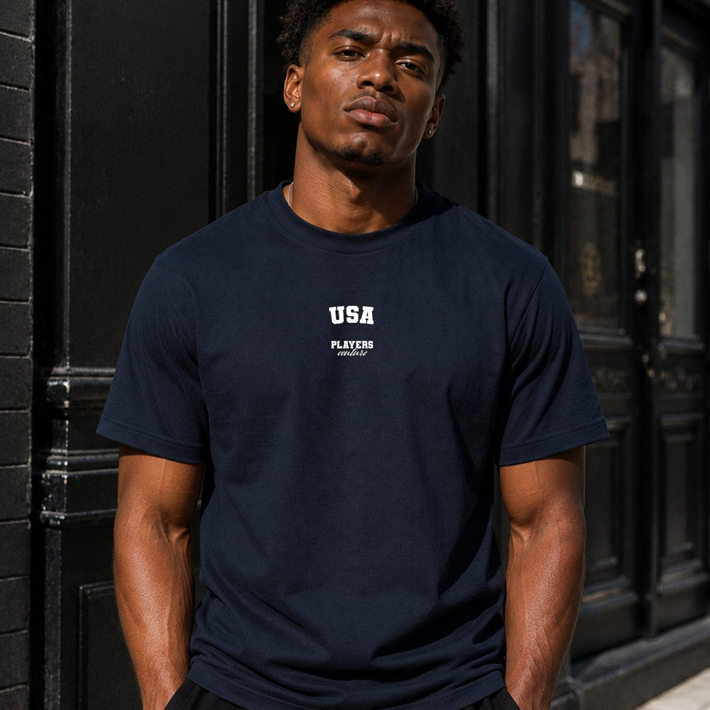 USA Men's T-Shirt — lifestyle photo, Navy t-shirt