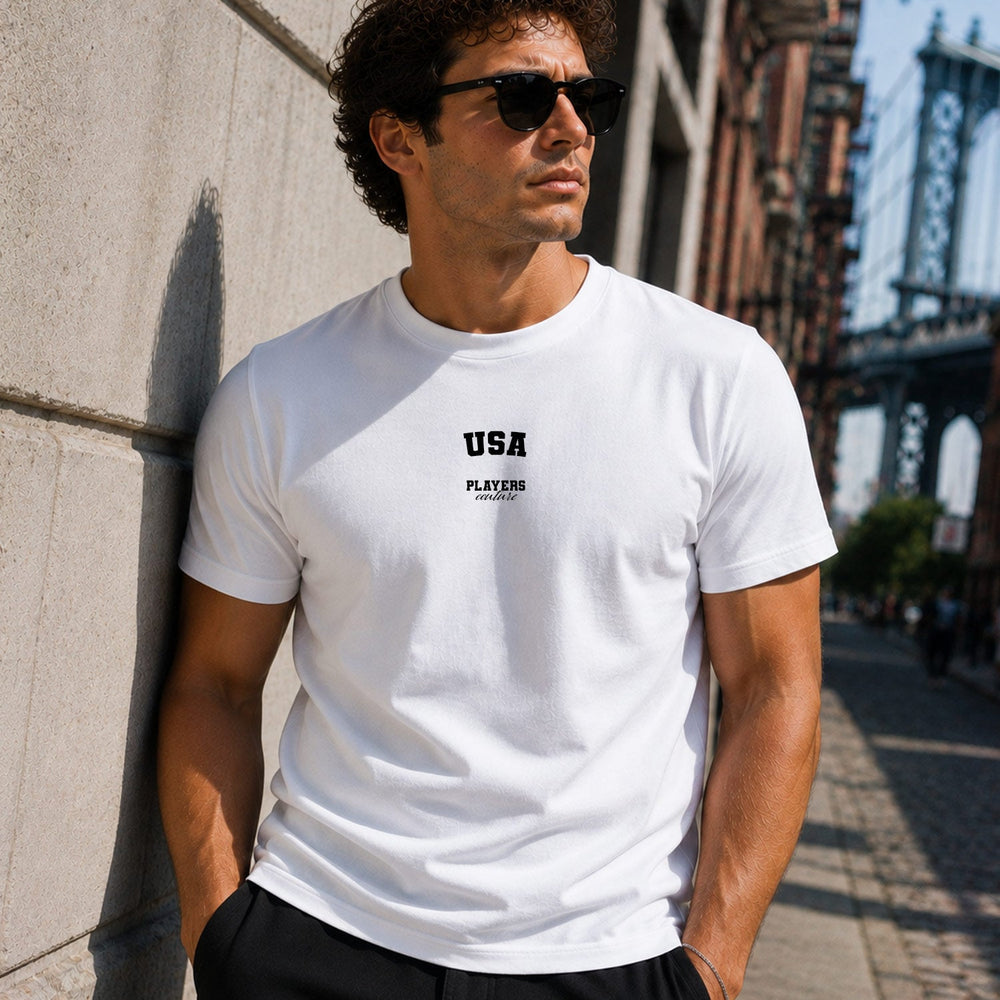 USA Men's T-Shirt — lifestyle photo, White t-shirt