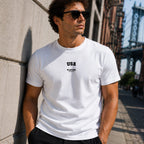 USA Men's T-Shirt — lifestyle photo, White t-shirt