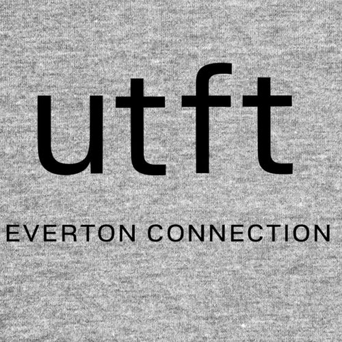 Up The Toffees UTFT Logo Men's Hoodie – grey close-up detail shot of the Up The Toffees UTFT Players Couture logo design
