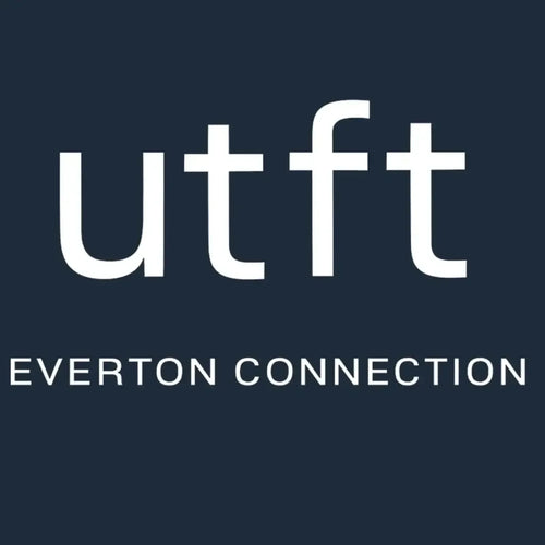 Up The Toffees UTFT Logo Men's Hoodie – navy close-up detail shot of the Up The Toffees UTFT Players Couture logo design