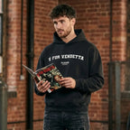 V for Vendetta hoodie – navy men's hoodie with white V for Vendetta letters and Players Couture logo on the chest