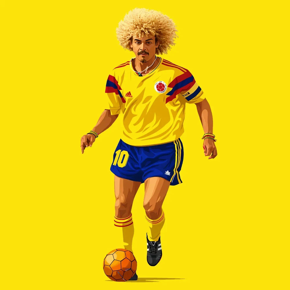 Carlos Valderrama Icon Men's Yellow Hoodie – yellow close-up detail shot of the Carlos Valderrama Icon Players Couture logo