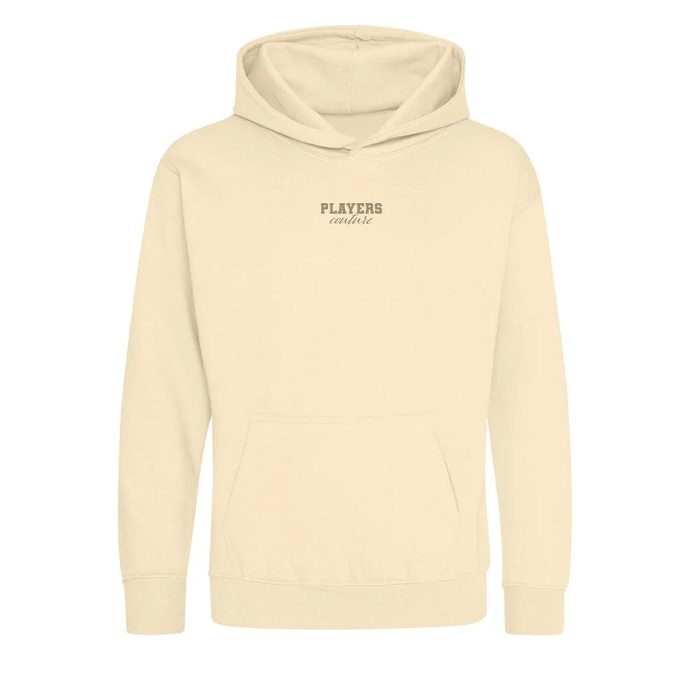 Essentials Collection hoodie – white kids' hoodie with black Essentials Collection letters and Players Couture logo on the