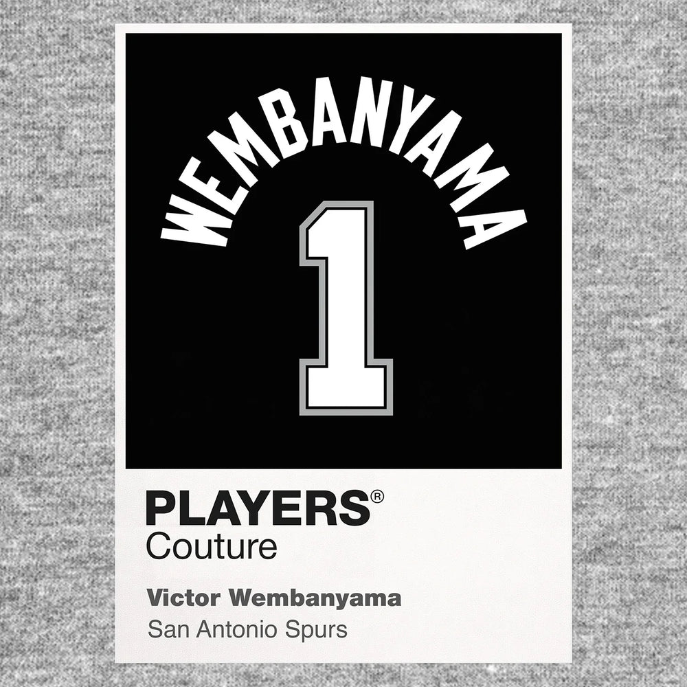 Victor Wembanyama 1 Jersey Frame Men's T-Shirt – grey close-up detail shot of the Victor Wembanyama 1 Players Couture logo