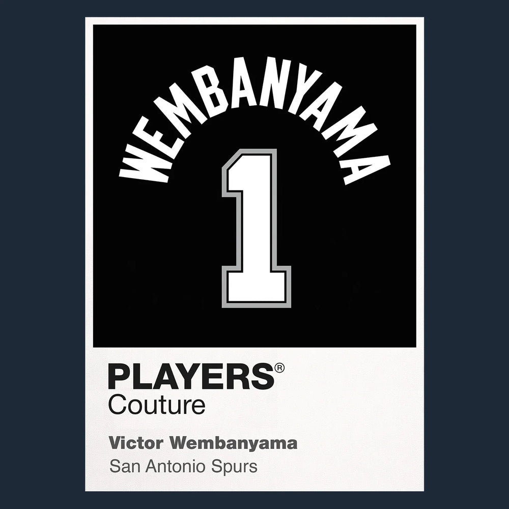 Victor Wembanyama 1 Jersey Frame Men's T-Shirt – navy close-up detail shot of the Victor Wembanyama 1 Players Couture logo