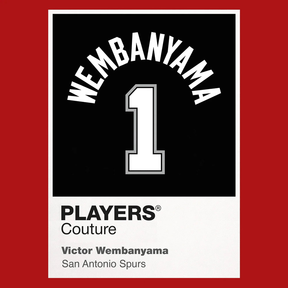 Victor Wembanyama 1 Jersey Frame Men's T-Shirt – red close-up detail shot of the Victor Wembanyama 1 Players Couture logo