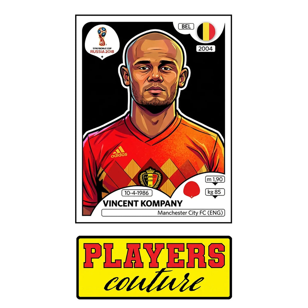 Vincent Kompany World Cup Sticker Men's T-Shirt – close-up detail shot of the Vincent Kompany World Cup Players Couture logo