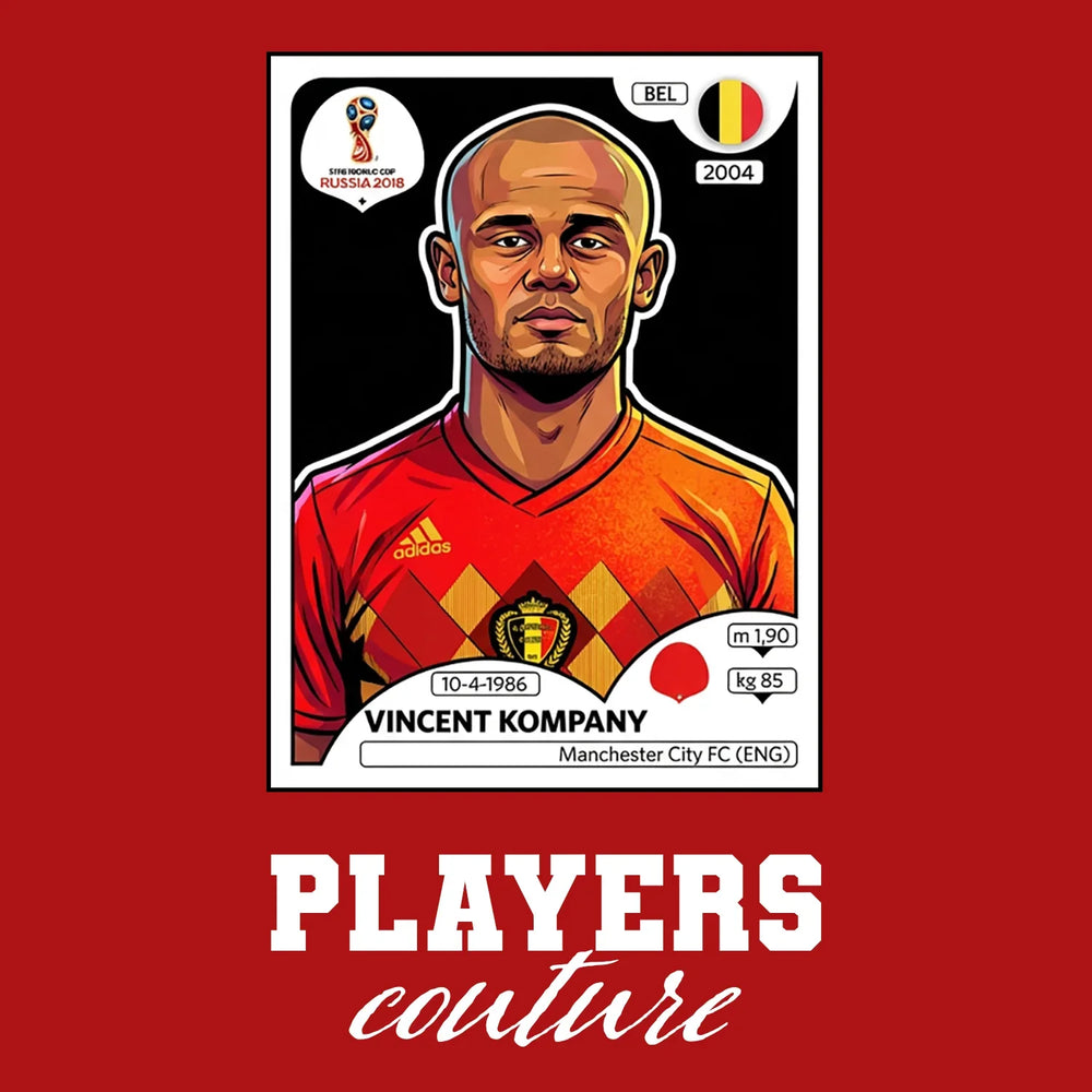 Vincent Kompany World Cup Sticker Men's T-Shirt – red close-up detail shot of the Vincent Kompany World Cup Players Couture