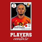 Vincent Kompany World Cup Sticker Men's T-Shirt – red close-up detail shot of the Vincent Kompany World Cup Players Couture