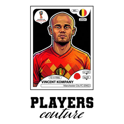Vincent Kompany World Cup Sticker Men's T-Shirt – white close-up detail shot of the Vincent Kompany Players Couture logo