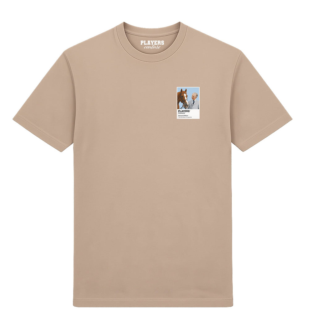 Vincent O’Brien horse racing T-shirt – mens desert sand tshirt view