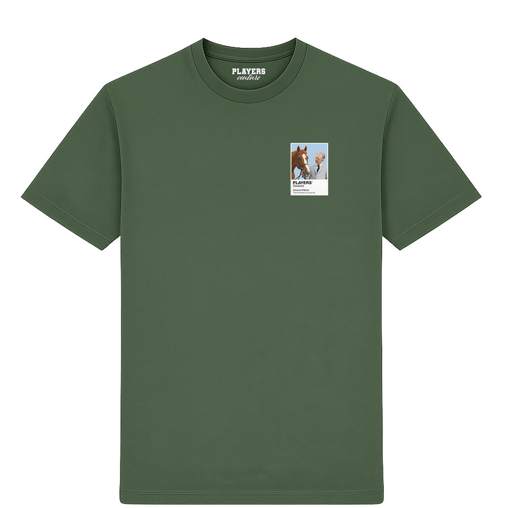 Vincent O’Brien horse racing T-shirt – mens earthy green tshirt view